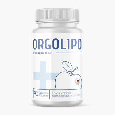 Weiße Orgolipo-Dose mit 90 Kapseln, Nahrungsergänzungsmittel mit Apfelabbildung